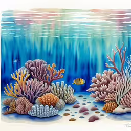 a painting of underwater plants and corals,an underwater scene with corals and fish,a painting of many different types of corals and fish,a painting of an ocean scene with corals and fishes,this painting depicts various types of corals and seahorses