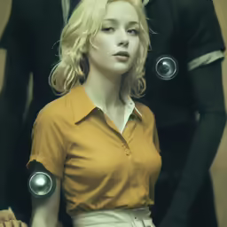 a beautiful young lady in yellow dress shirt and some guys