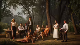 a group of people dressed in clothing sitting and standing near each other