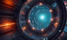 a futuristic looking looking tunnel, with bright lights and a blue light