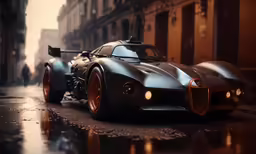 a dark vintage race car is parked on the street in front of a building
