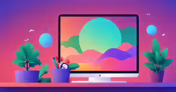 a desk with two flower pots and a computer monitor,a flat screen tv sitting on top of a desk