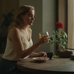 the woman is sitting in front of a table drinking beer