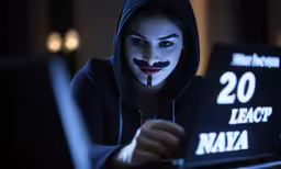 a man wearing a mask is looking at a laptop