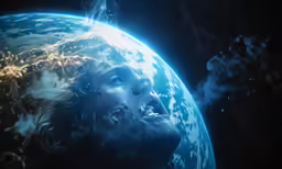 a man with his face next to a blue earth