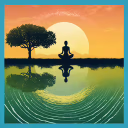 the silhouette of a person sitting in a lotus pose with the sun setting,a woman sitting in a lotus position in front of an empty pond