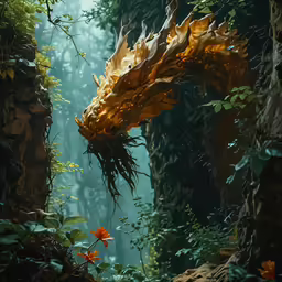 an illustration of a large yellow dragon in the jungle
