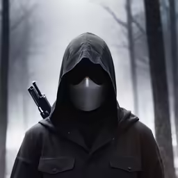 man in black jacket with mask and a gun