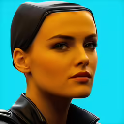 a woman in a leather jacket is wearing a headscarf