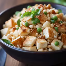 this is a bowl filled with peas, tofu and corn