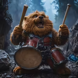 the character as a furry bear drummer is posed