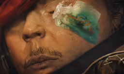 a man with a bandaged eye and an apple sticker to his nose