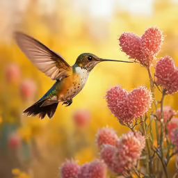 a colorful bird hovering in the air near flowers