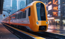 a very big nice train on the train tracks,a train is passing down the tracks in a city at night