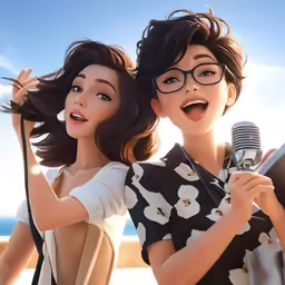 two woman in glasses are wearing dresses while one is holding a microphone