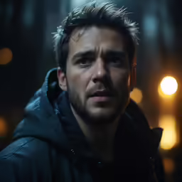 man in hoodie looking intently at the camera