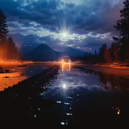 a river in the woods is dimly lit at night