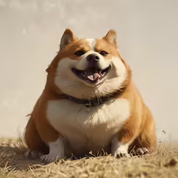 a dog sitting in the grass with its mouth open and smiling