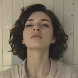 woman wearing shirt looking up and smiling at the camera