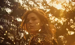 a person standing outside in the snow with sun shining through trees