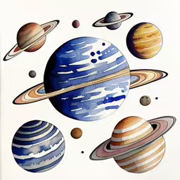 a picture of various planets with sun in background,the outer planets are in watercolour and ink