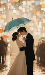 a bride and groom kissing under an umbrella in the rain