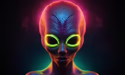 a digital illustration of an alien with glowing eyes