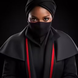 a woman in black clothing wearing a mask and looking off to the side