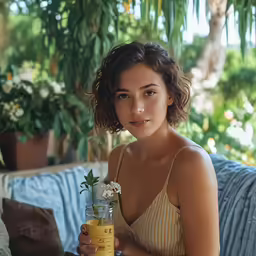 young female in summer dress sitting on sofa holding drink