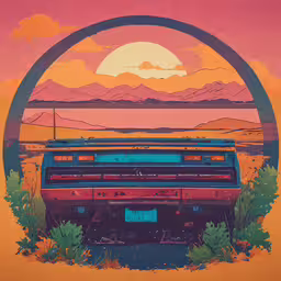 a painting of an old rusty truck in front of a desert scene with mountains and a sunset,a colorful photo with an old truck in the background
