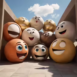 group of balloons with faces painted on them sitting on stone