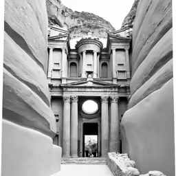 black and white photograph of building in large desert