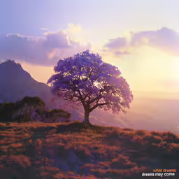 a purple tree is in the sun on top of a hill,the lone tree is on top of a hill with a majestic view in the background