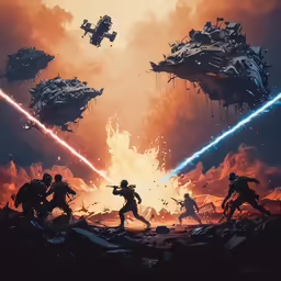 there are two large robots attacking a war scene