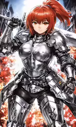 a woman in an armor holding a sword