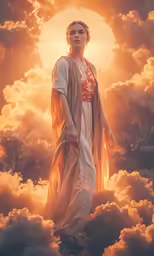 a man standing on the clouds with sun in background