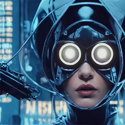 a woman in a futuristic space suit with eyes glowing