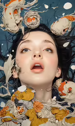 a painting of a woman and a lot of koi in the water