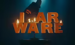 a person standing in front of a sign with flames and torches