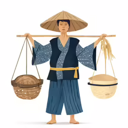 a man is holding two baskets and carrying a bamboo pole
