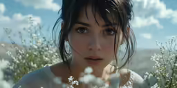 a woman is standing in the middle of flowers