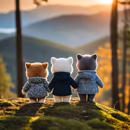 three teddy bears on the top of a mountain