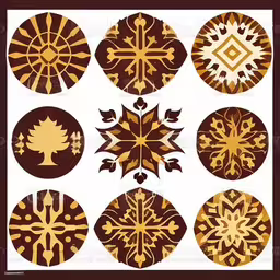 a large group of ornate designs in golden and brown,decorative gold and maroon ornament set showing twelve elements,six different designs and the words, happy new year