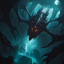 a digital painting of a demon monster with large, black horns