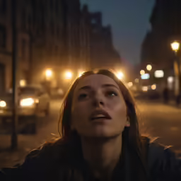 a woman is looking upward on the sidewalk in the city