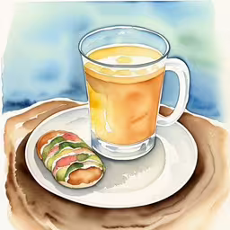 a painting shows a cup and saucer with some food,the sandwich is on the plate next to the glass
