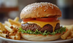 hamburger with cheese and tomato and french fries