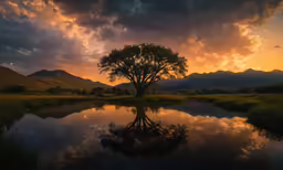 a single tree in a field next to a river