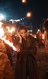 a woman with an intense look stands near the fire