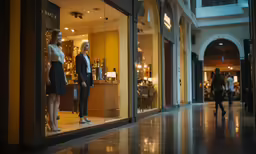 people walking through the lobby in front of shops
